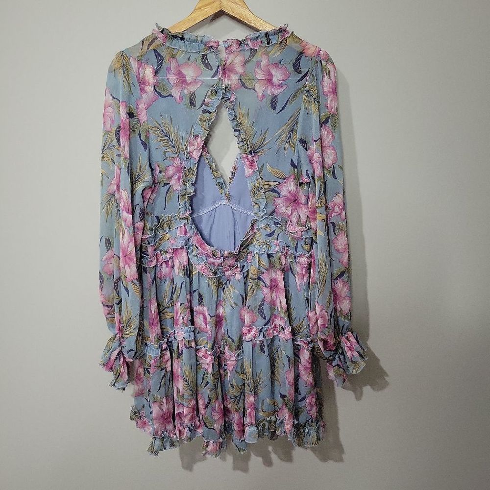 Fashion Nova In A Ruffle Blue with Purple Floral Sheer Tiered Mini Dress Size XL - Picture 4 of 8
